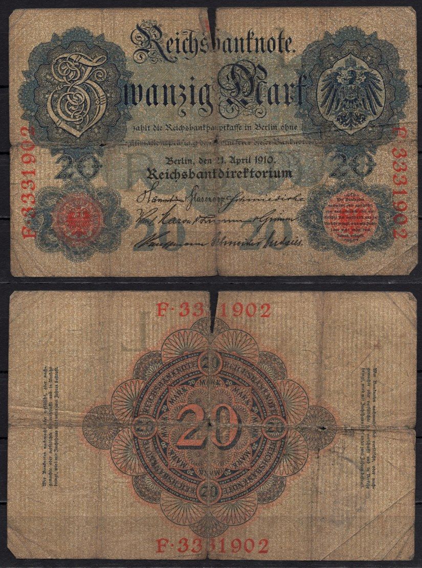 Германия 20 марок 1910 Pick 40 b бумага 6293-35-2-1