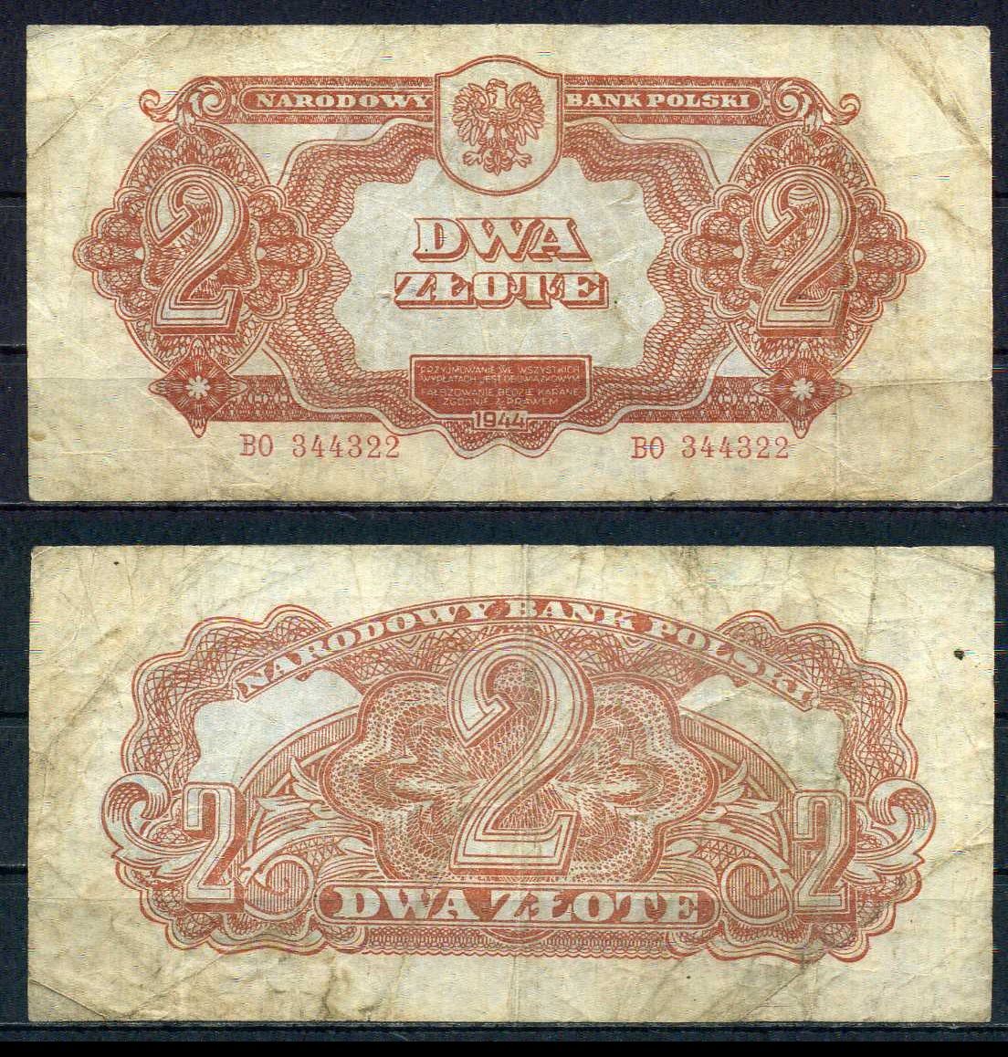 Польша 2 злотых 1944 Pick 106 бумага 6283-14-2-1