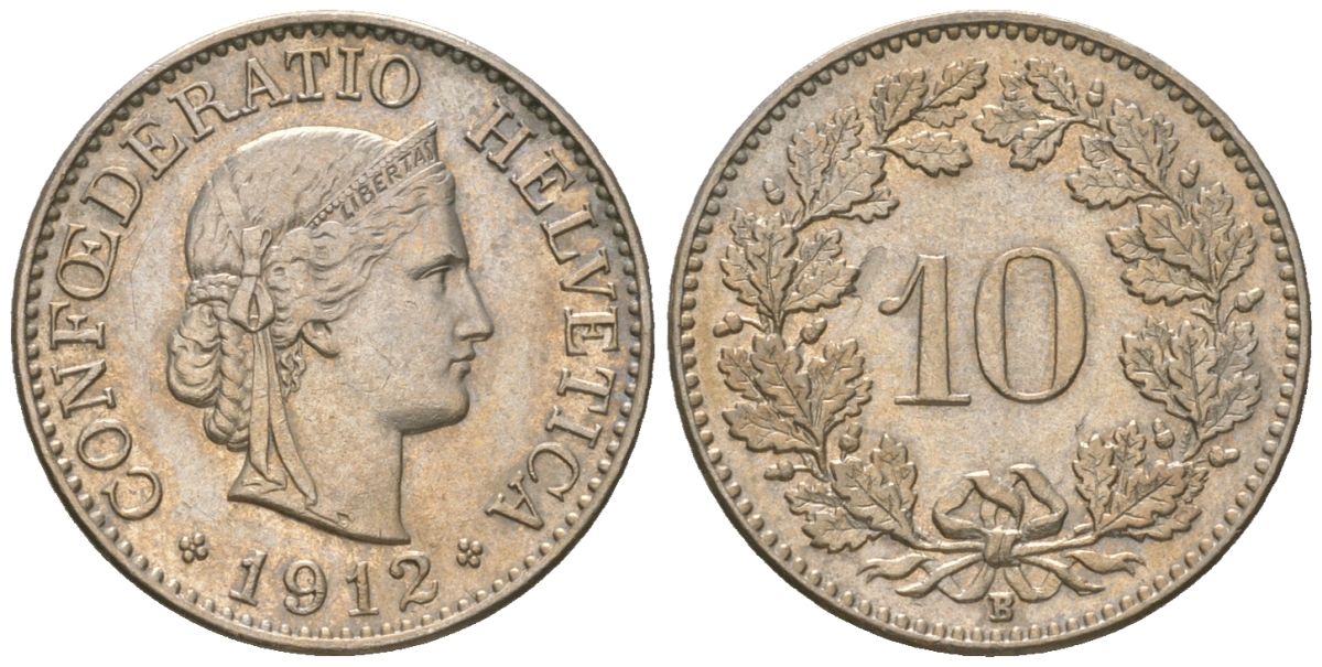 Швейцария 10 раппенов 1912 B KM 27 медно-никель 4169-639