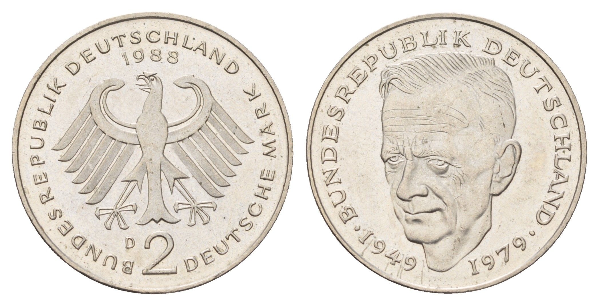 ФРГ 2 марки 1988 D, Курт Шумахер KM 149, J. 424 медно-никель 3459-1013