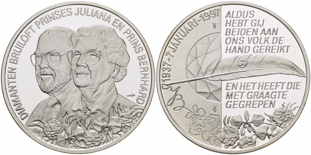 Нидерланды медаль 1997 60 лет со дня свадьбы принцессы Юлианы и принца Бернарда  серебро  PROOF  11-207-12