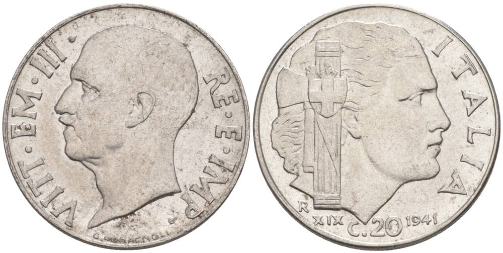 ИТАЛИЯ 20 ЧЕНТЕЗИМО 1941 R, ГОД XIX, ВИКТОР ЭММАНУИЛ III (1900-1946) KM 75b, VEM3. 1028 нержавеющая сталь 3853-645