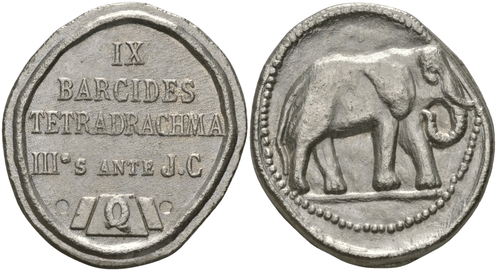 ЕВРОПА ЖЕТОН ND С ИЗОБРАЖЕНИЕМ КАРФОГЕНСКОЙ ТЕТРАДРАХМЫ, БАРКИДОВ, СЛОН белый металл 65-521