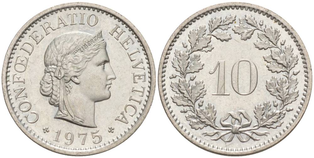 ШВЕЙЦАРИЯ 10 РАППЕНОВ 1975 KM 27 медно-никель 55-457