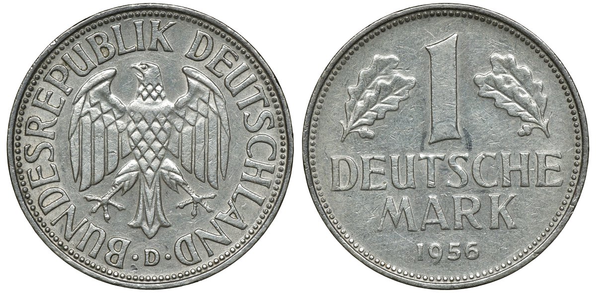 ФРГ 1 МАРКА 1956 D KM 110, J. 385 медно-никель 72-634