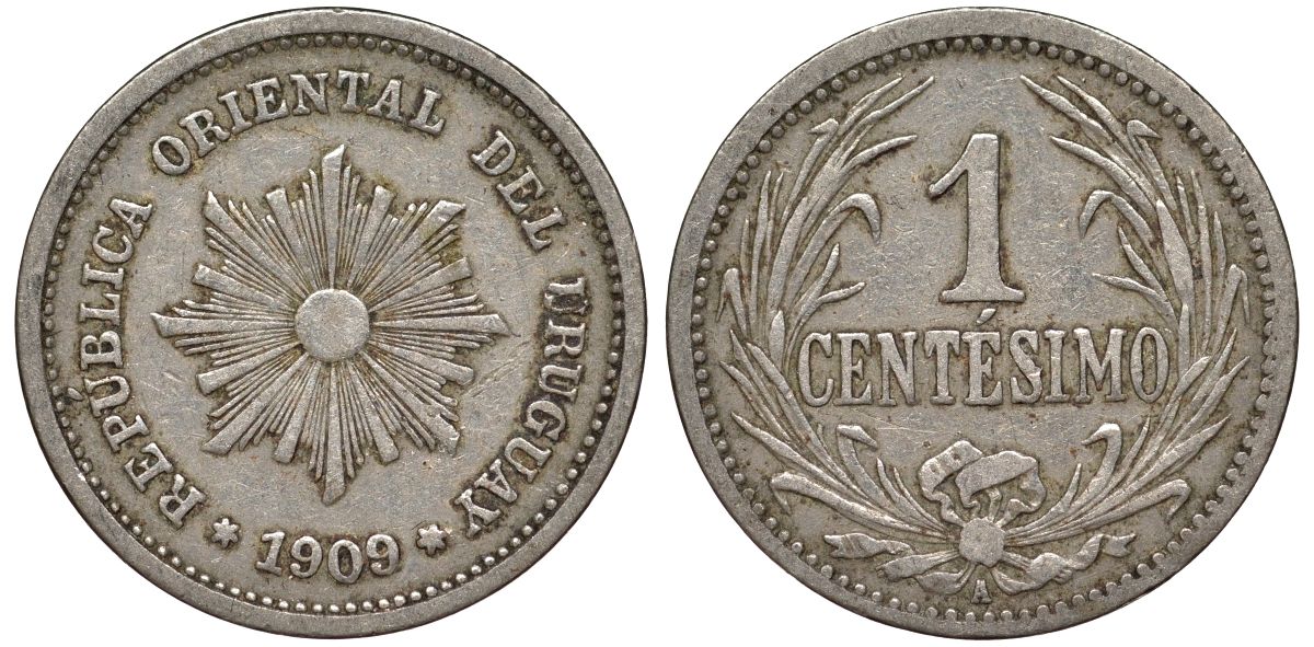 Уругвай 1 сентесимо 1909 KM 19 медно-никель 4169-615