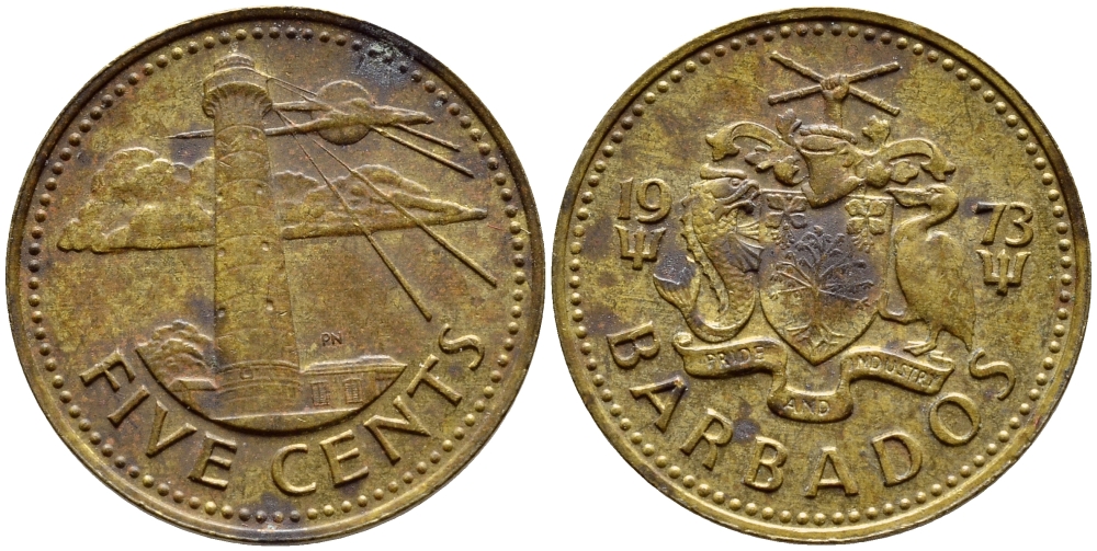 Барбадос 5 центов 1973 маяк Саут-Пойнт KM 11 латунь 4398-441