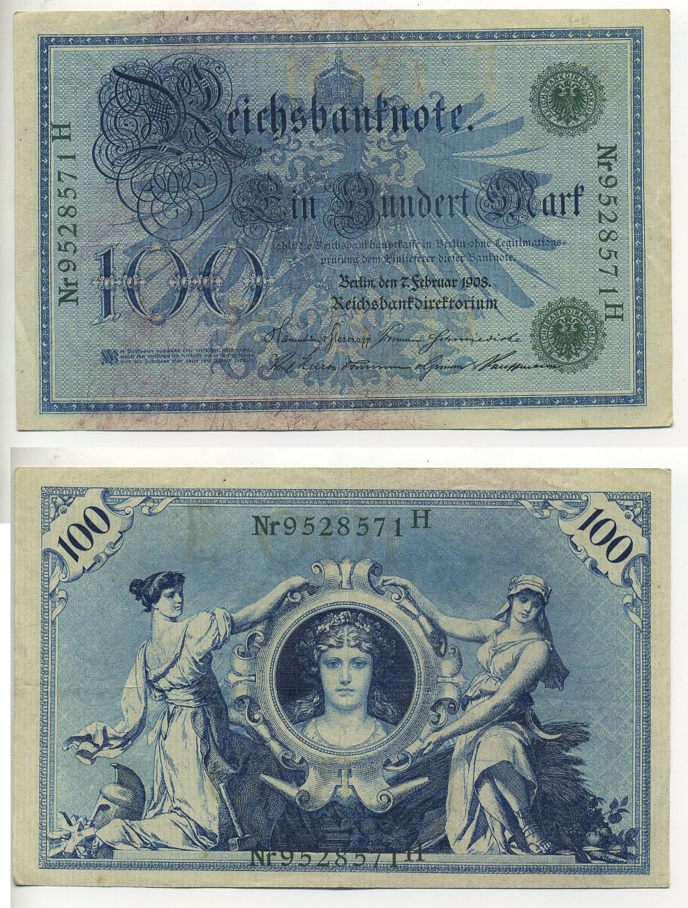 ГЕРМАНИЯ 100 МАРОК 1908 7 ФЕВРАЛЯ 1908, ЗЕЛЕНАЯ ПЕЧАТЬ, РЕПРИНТ (1918-1922) Pick 34 бумага 7552-10-3