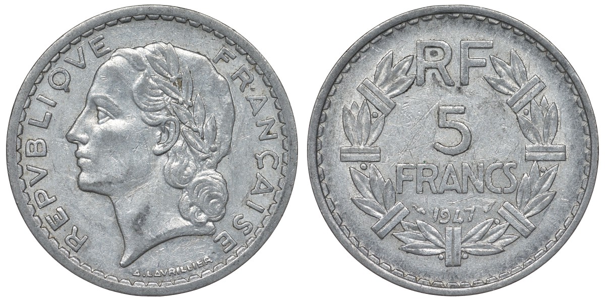 Франция 5 франков 1947 open 9 KM 888b.1, Le Franc 339.9 алюминий 4123-532