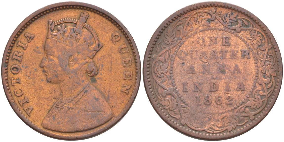 ИНДИЯ, БРИТАНСКАЯ 1/4 АННА 1862 ВИКТОРИЯ KM 467 медь 4548-955