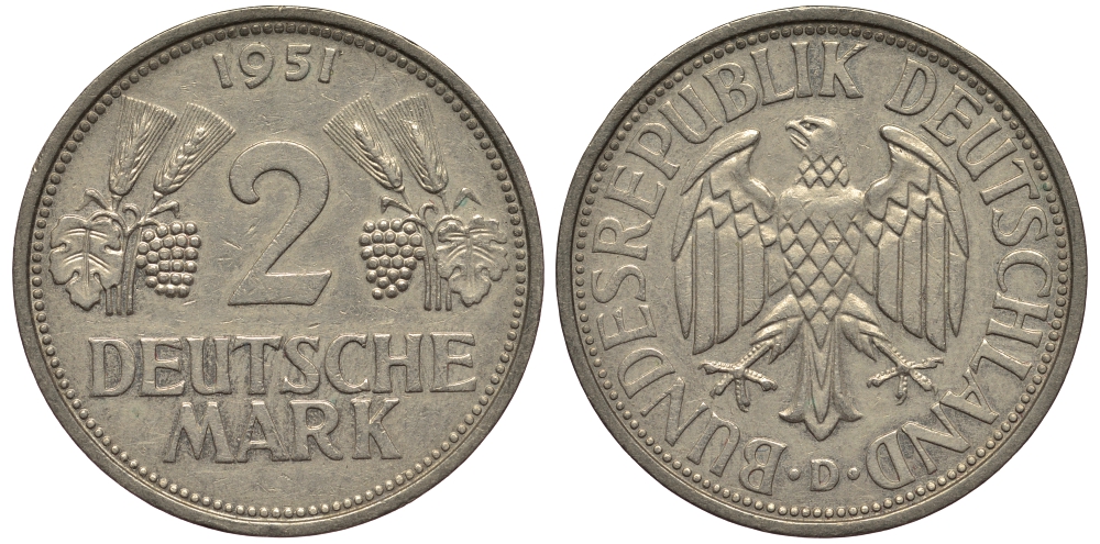 ФРГ 2 марки 1951 D J 386, KM 111 медно-никель плакированный никелем 1515-2341