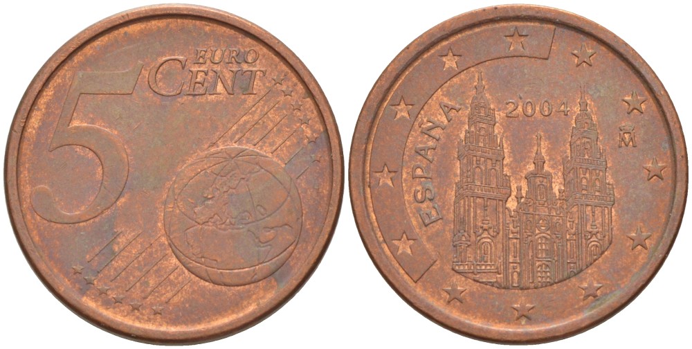 ИСПАНИЯ 5 ЕВРОЦЕНТОВ 2004 KM 1042 сталь плакированная медью 4543-336