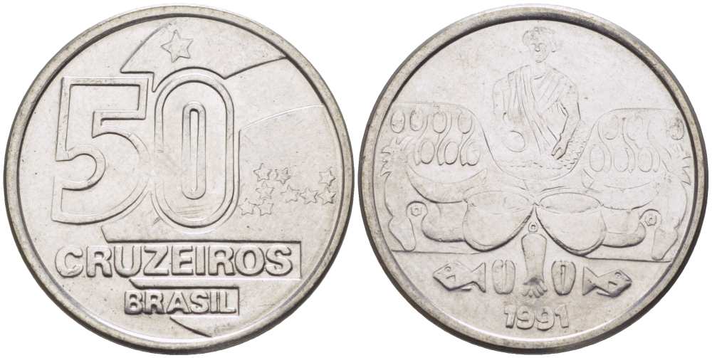Бразилия 50 крузейро 1991 KM 620.2 нержавеющая сталь 4364-644
