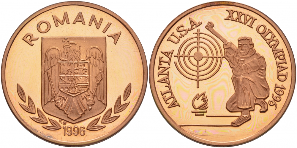 Румыния 100 леев 1996 XXVI Олимпийские игры 1996 года в Атланте, 100 лет Олимпийскому движению, стрельба, пробный выпуск  медь  PROOF  11-204-44