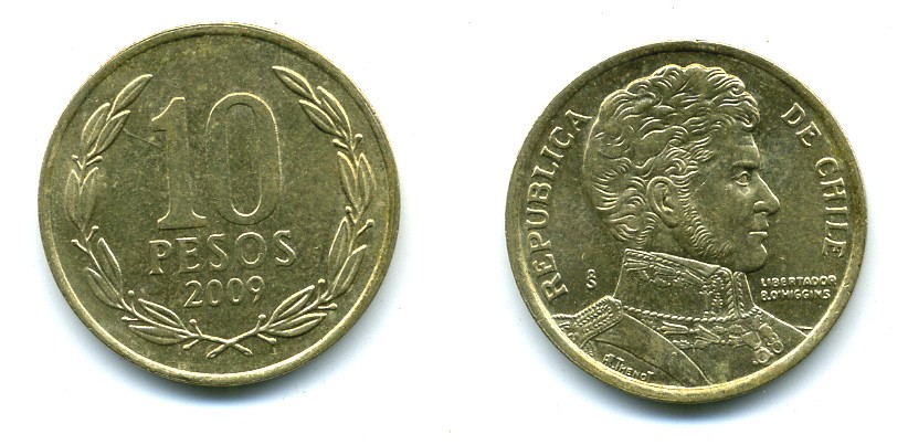 ЧИЛИ 10 ПЕСО 2009 ГЕНЕРАЛ БЕРНАРДО О ХИГГИНС KM 228.2 никель-бронза 37-736