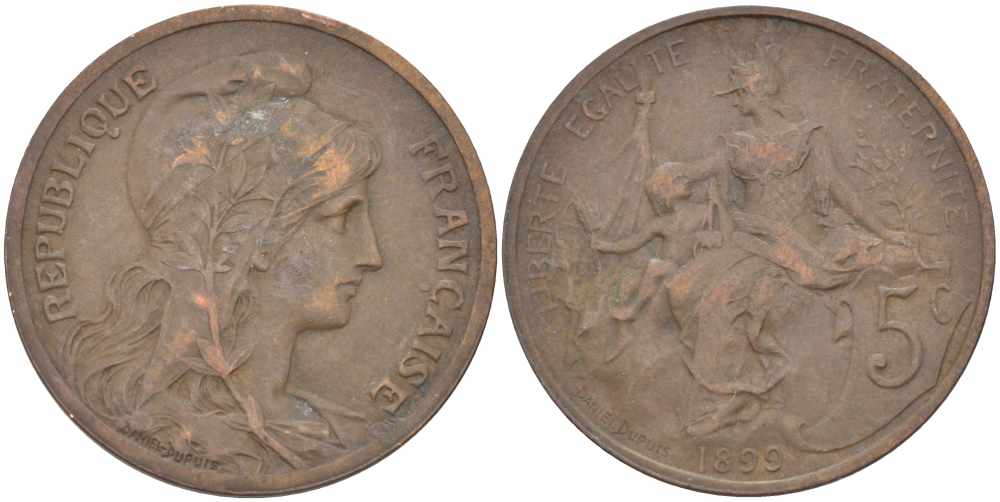 ФРАНЦИЯ 5 САНТИМОВ 1899 ТИП ДАНИЭЛЬ ДЮПЮИ KM 842, LE FRANC 119.7 бронза 108-821