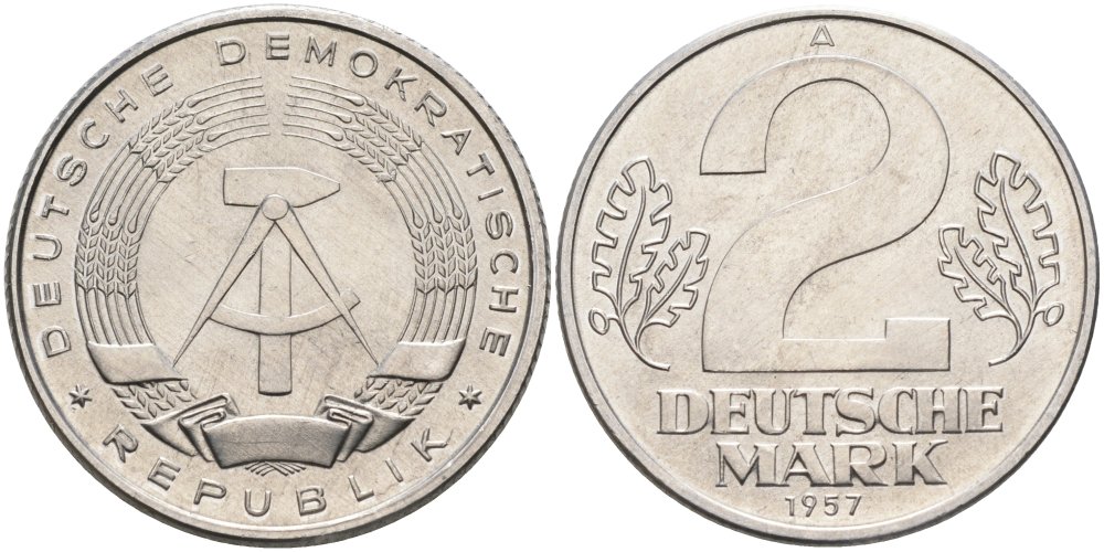 ГДР 2 марки 1957 А KM 14 алюминий UNC 4574-512