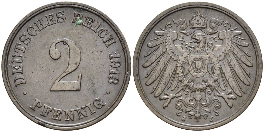 Германия 2 пфеннига 1913 J KM 16, J. 11, Weege 4 медь 4546-732
