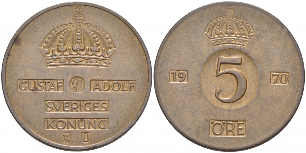 Швеция 5 эре 1970 U Густав VI Адольф (1950-1973) KM 822 бронза 175-1026