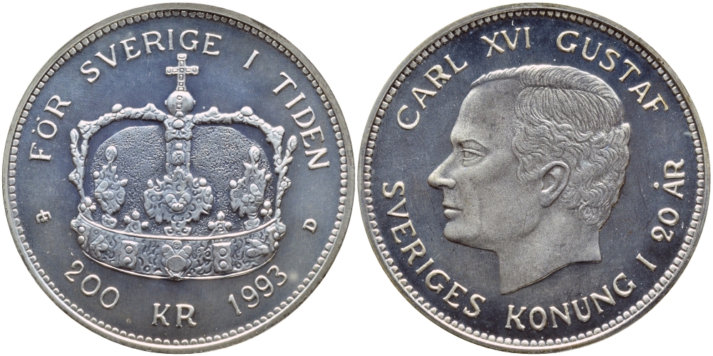 Швеция 200 крон 1993 Карл XVI Густав (1973- ), 20 лет правления KM 881 серебро BUNC 1072-5-51
