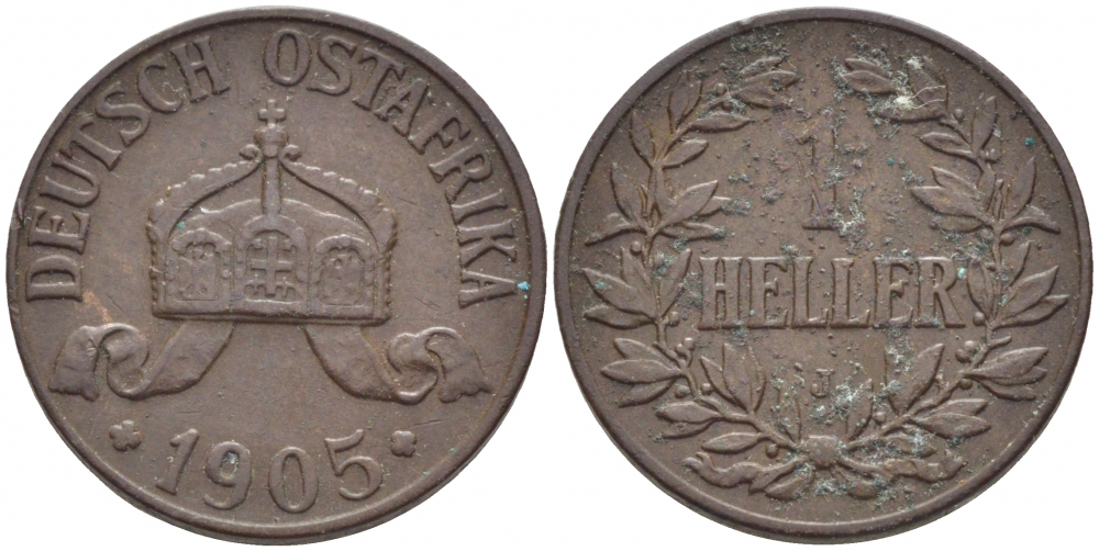 Немецкая Восточная Африка (Танзания) 1 геллер 1905 J, Ost-Africa Jaeger 716, KM 7 бронза 4448-436