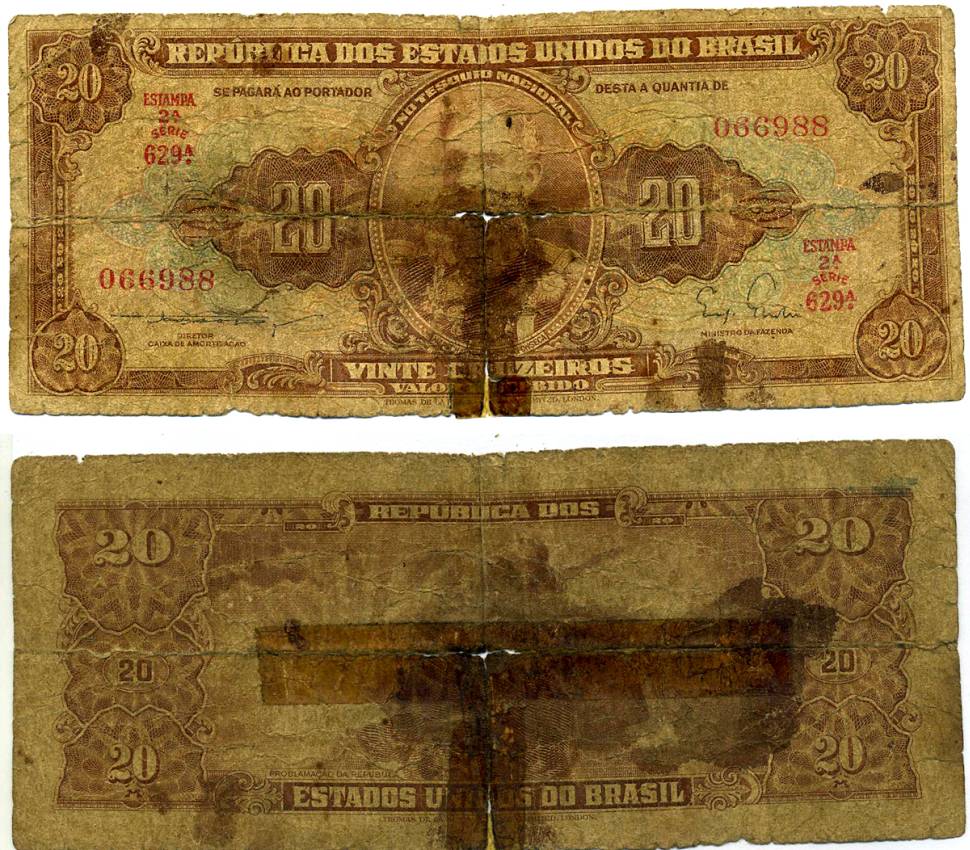 БРАЗИЛИЯ 20 КРУЗЕЙРО 1955-1961 СЕРИЯ 629А, ESTAMPA 2A, ПОДПИСЬ 3 Pick 160а бумага G 7215-53-2