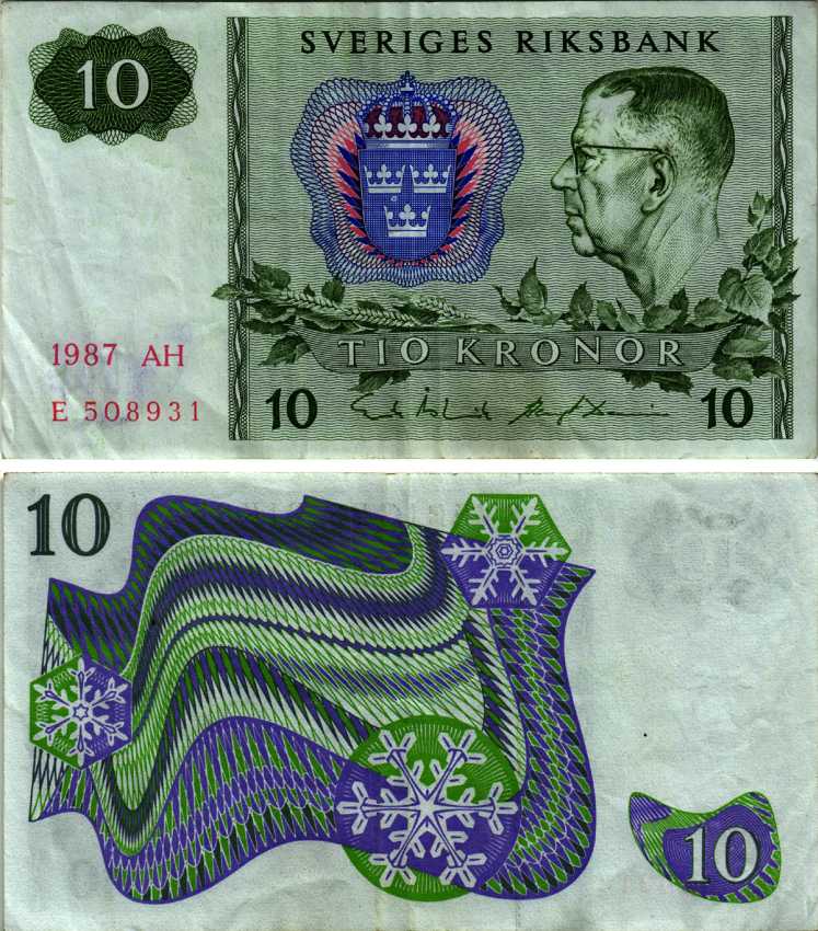 ШВЕЦИЯ 10 КРОН 1987 СЕРИЯ AH, КОРОЛЬ ГУСТАВ VI АДОЛЬФ Pick 52е бумага VF 7147-7-1-2