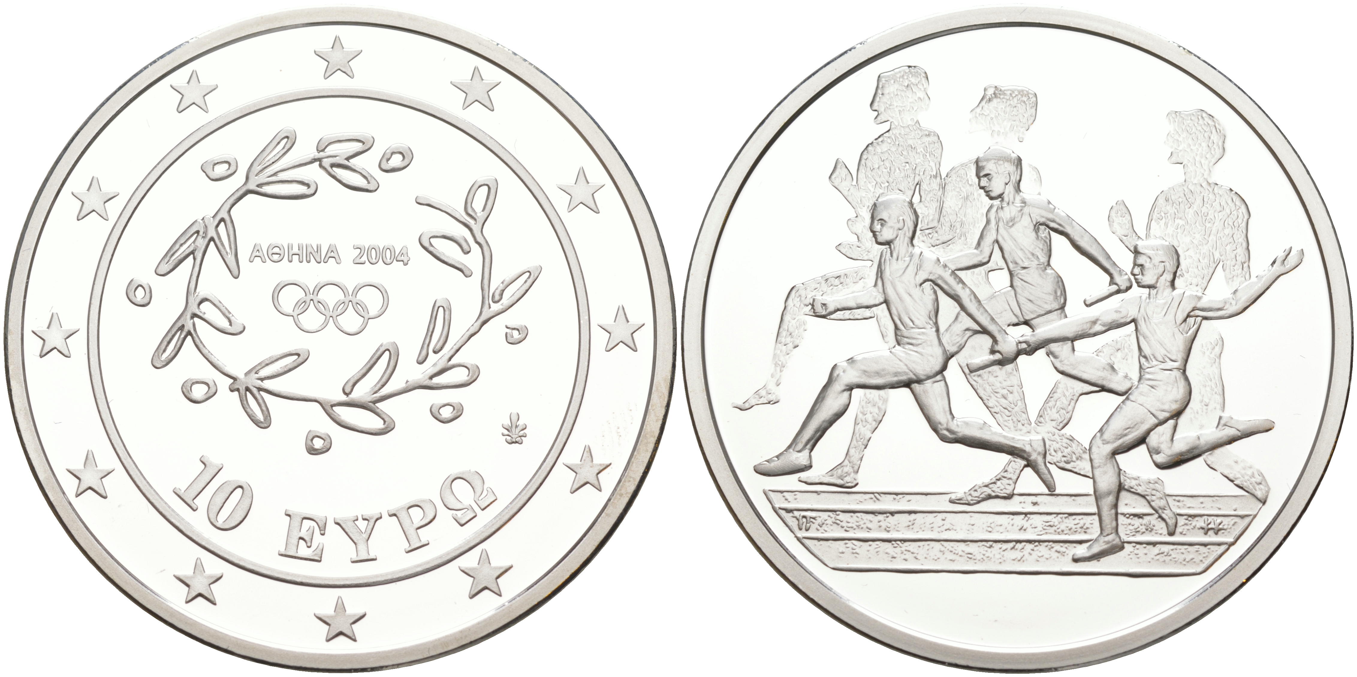 Греция 10 евро 2003 XXVIII летние Олимпийские игры 2004 года в Афинах, легкая атлетика, эстафета KM 196 серебро PROOF 1074-9-41