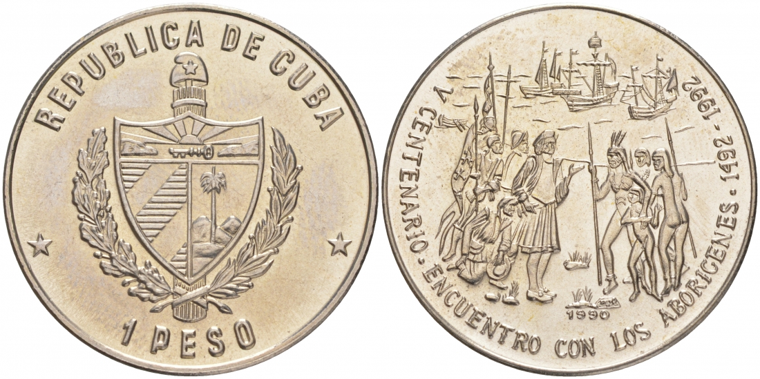 Куба 1 песо 1990 500 лет открытия Америки, Колумб и аборигены KM 288 медно-никель UNC 00-00