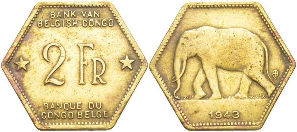 Бельгийское Конго 2 франка 1943 слон, шестиугольная, год тип KM 25 латунь 4541-1012