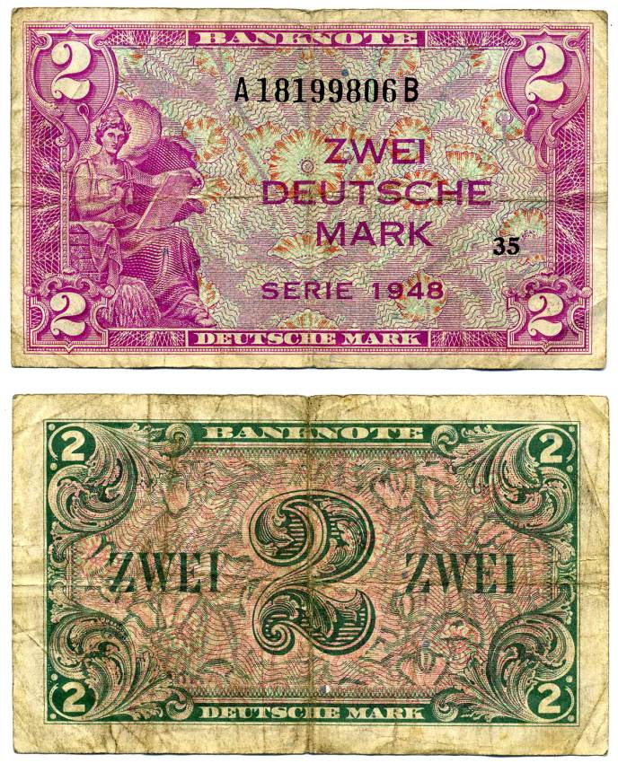 ФРГ 2 МАРКИ 1948 БЛОК 35, СЕРИЯ АВ, ВЫПУСК (20 МАЯ 1948 - 1 АПРЕЛЯ 1957) Pick 3а, Роземберг 234а бумага 2119-43-1-1