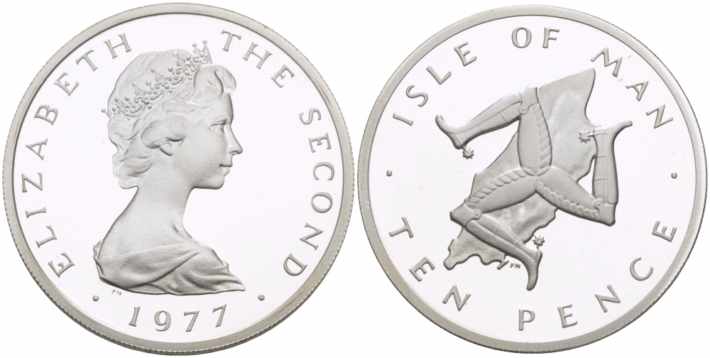 Остров Мэн 10 пенсов 1977 Елизавета II (1952-2022), тираж 10000 экземпляров КМ 36.1a серебро PROOF 650-531