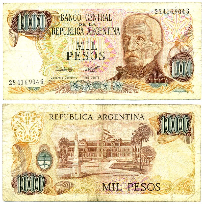 АРГЕНТИНА 1000 ПЕСО 1981 СЕРИЯ G 28416, ГЕНЕРАЛ САН МАРТИН Pick 304b бумага 7203-39-1
