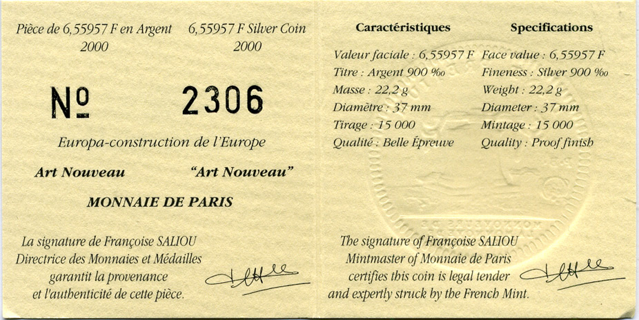Франция 1 евро = 6,55957 франков 2000 стиль арт-нуво в архитектуре (XIX-XX веков) в оригинальной коробке, с сертификатом KM 1227 серебро PROOF 4-3-2-13