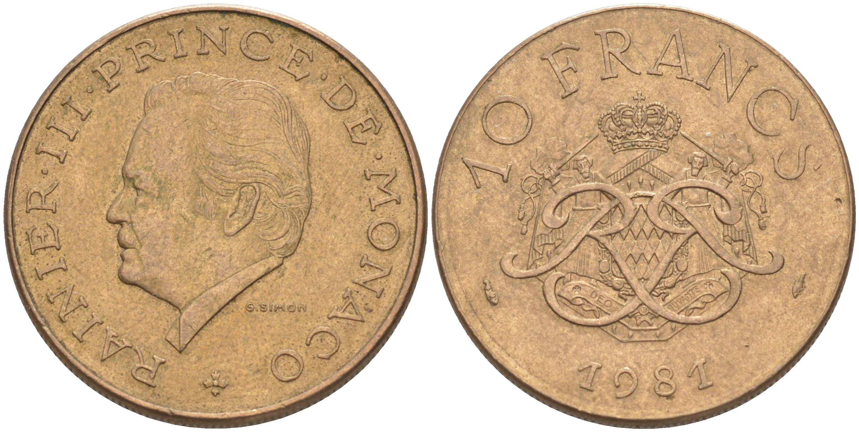 Монако 10 франков 1981 Ренье III (1949-2005) KM 154 медь алюминий никель 190-611