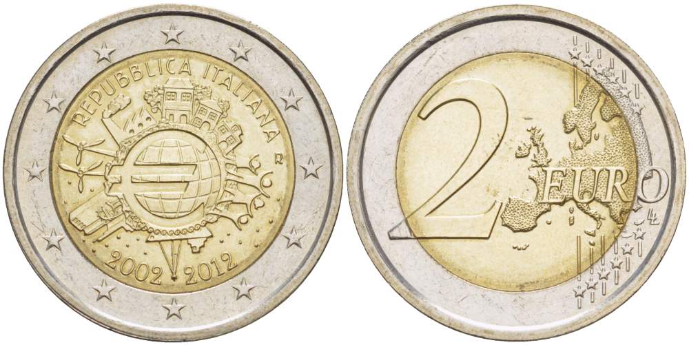 Италия 2 евро 2012 10 лет монетарной политике и наличному евро KM 350 биметалл UNC 4514-1012