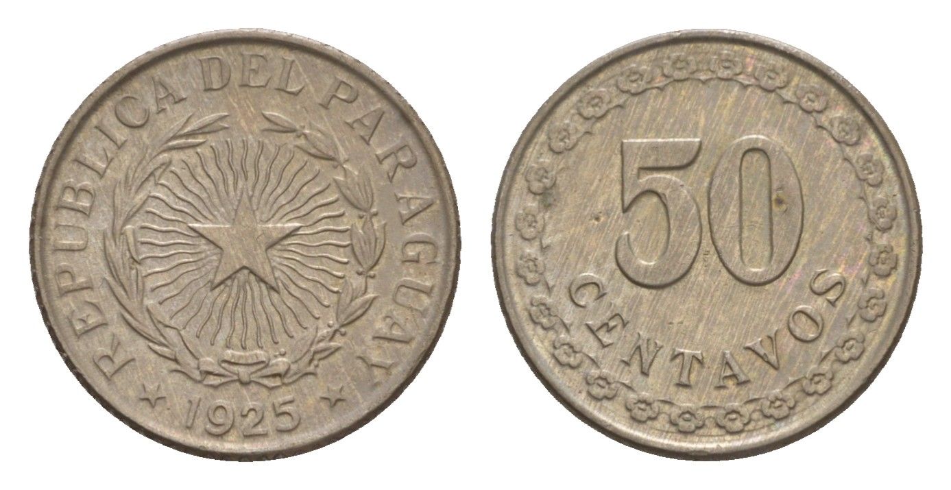 Парагвай 50 сентаво 1925 год-тип KM 12 медно-никель aUNC 4658-738