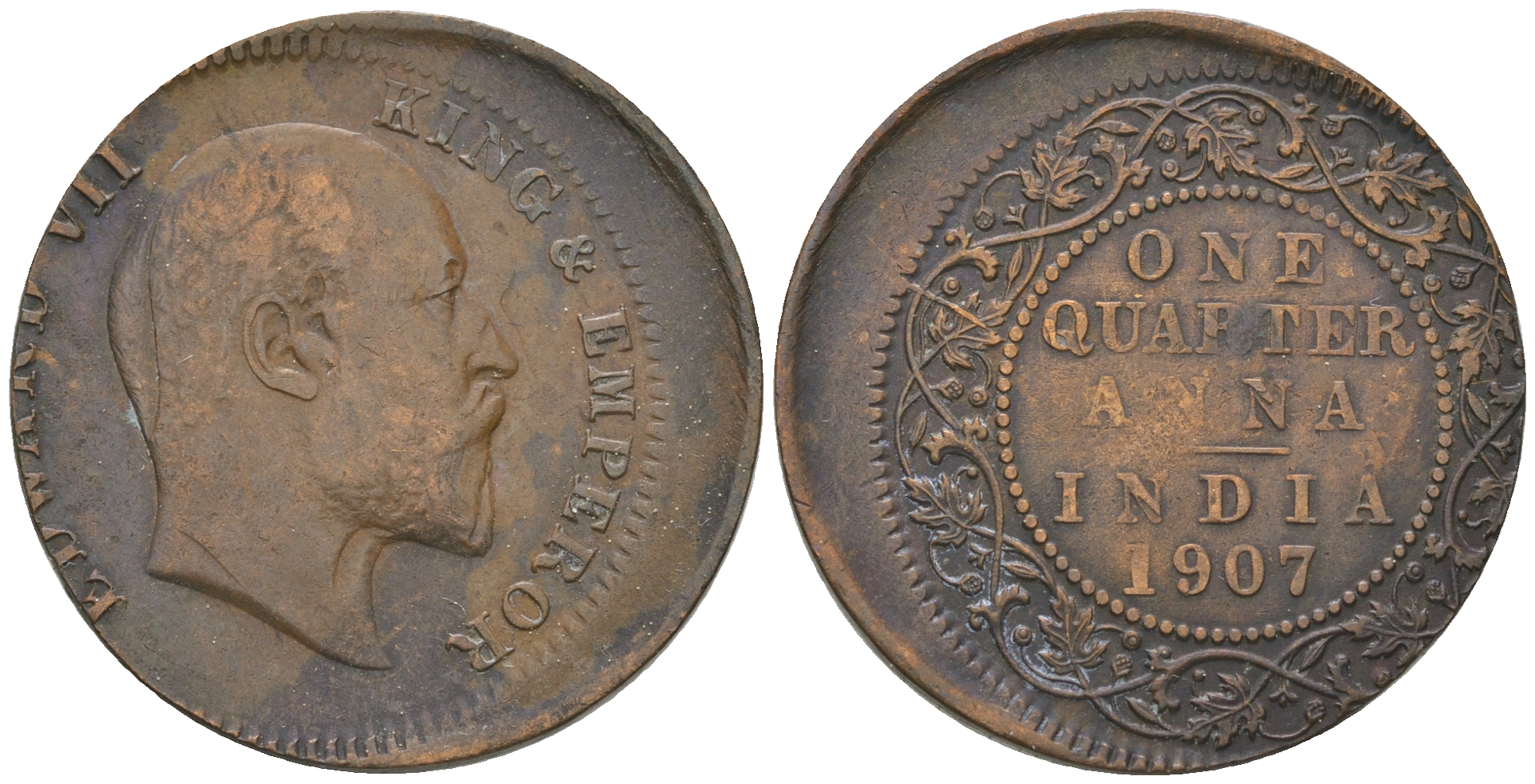 Британская Индия 1/4 анна 1907 Эдуард VII (1901-1910), брак, смешение штемпеля KM 502 медь    413-2031