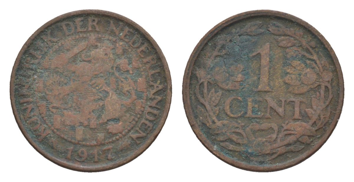 Нидерланды 1 цент 1917 Вильгельмина (1890-1948) KM 152 бронза 75-418