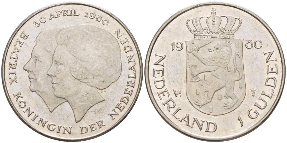 Нидерланды 1 гульден 1980 на коронацию Беатрикс, 30 апреля 1980 KM 200 никель 210-1235