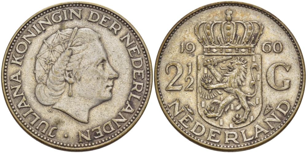 Нидерланды 2 1/2 гульдена 1960 Юлиана (1948-1980) KM 185 серебро 82-1146