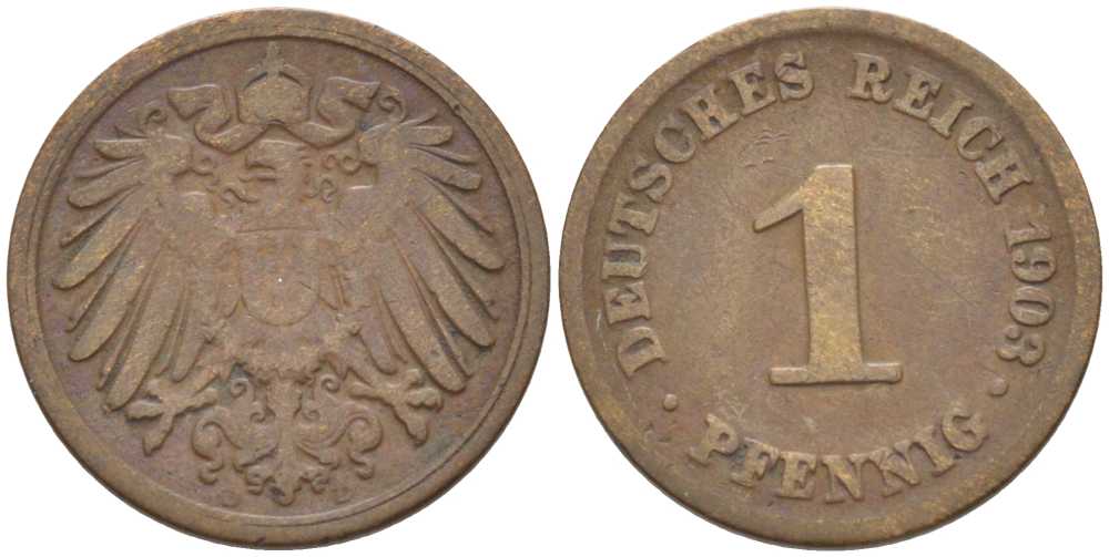 ГЕРМАНИЯ 1 ПФЕННИГ 1903 D KM 10, J. 10, Weege 2 медь 211-312