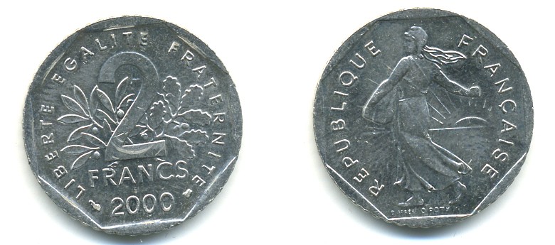 ФРАНЦИЯ 2 ФРАНКА 1993 ЖАН МУЛЕН KM 1062 никель 57-746