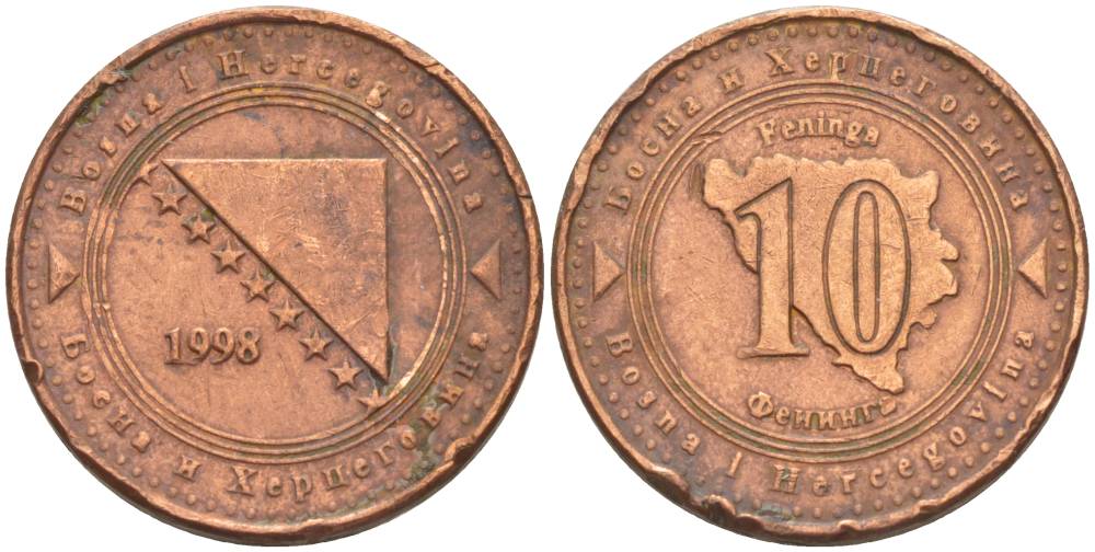 Босния и Герцеговина 10 фенигов 1998 KM 115 сталь плакированная медью 4551-826