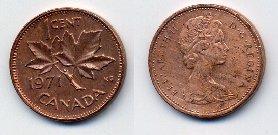 Канада 1 цент 1971 Елизавета II (1952-2022), кленовый лист KM 59.1 бронза 54-2356