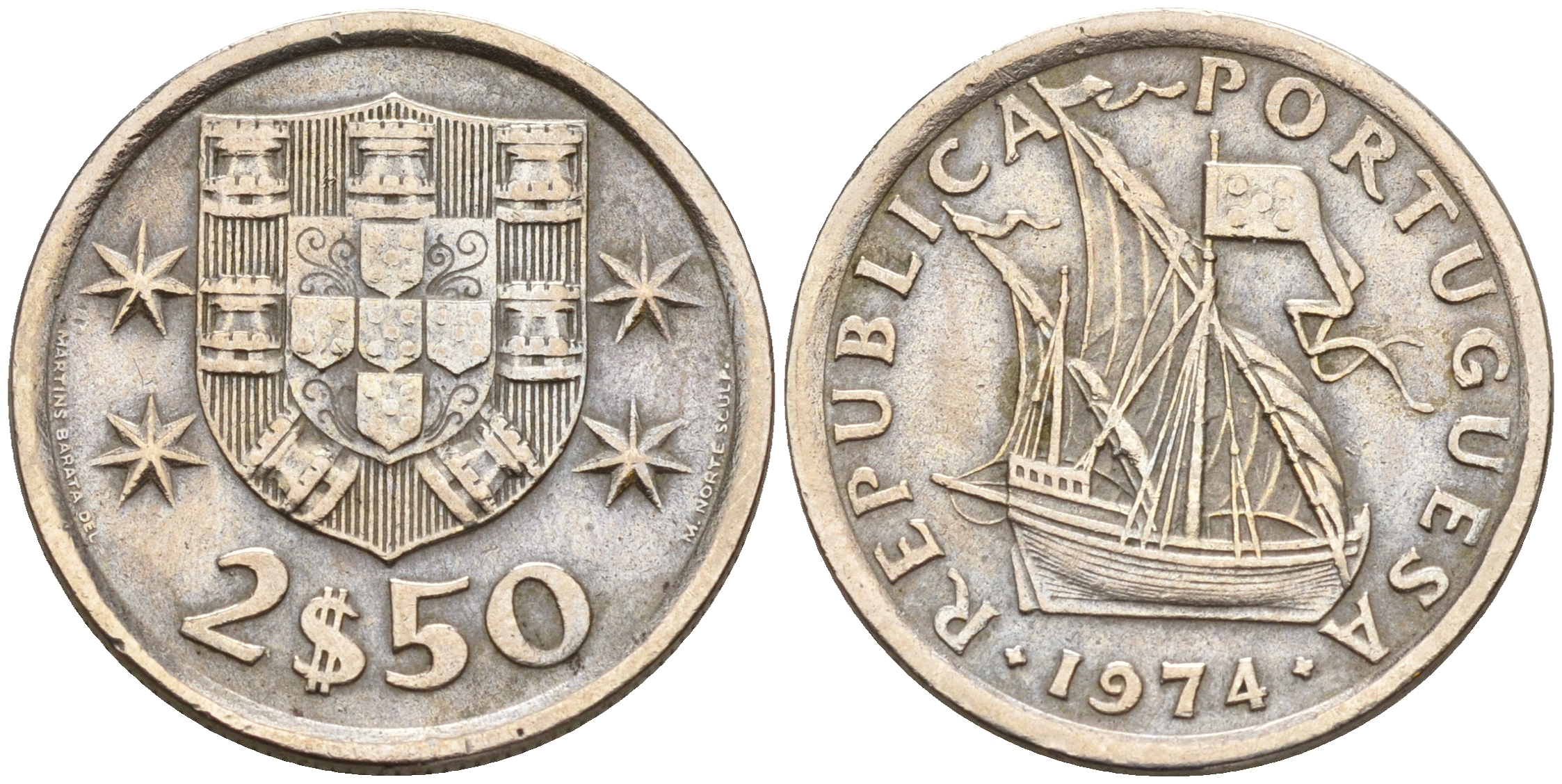 Португалия 2,5 эскудо 1974 парусник KM 590 медно-никель    4160-1215