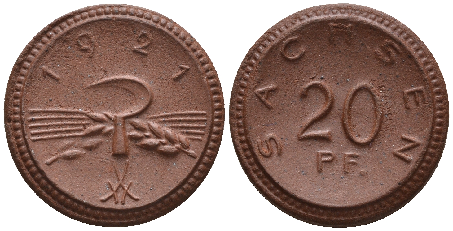 Саксония 20 пфеннигов 1921 колосья и серп J. N 53 фарфор UNC 1094-9-25
