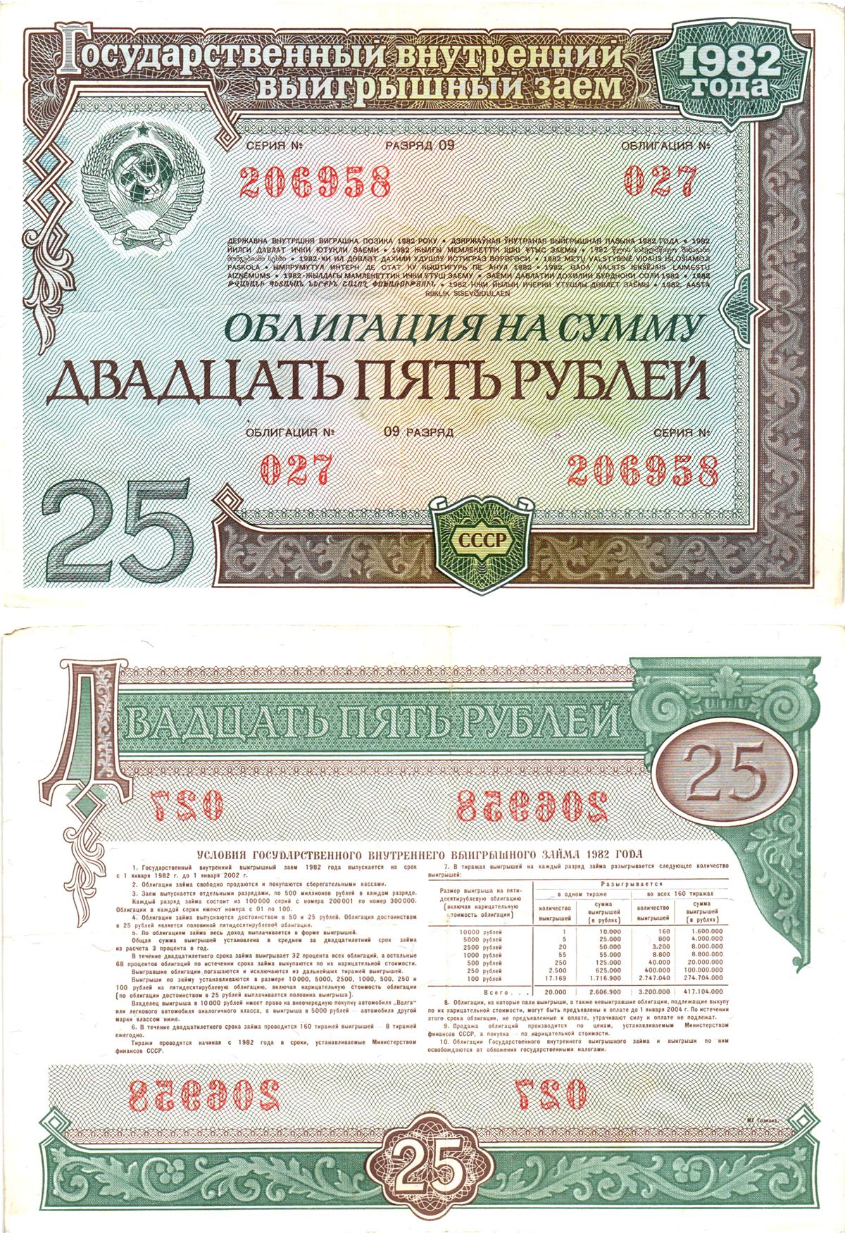 СССР облигация в 25 рублей 1982 государственный внутренний выигрышный заем, разряд 09   бумага   8609-54-1-2
