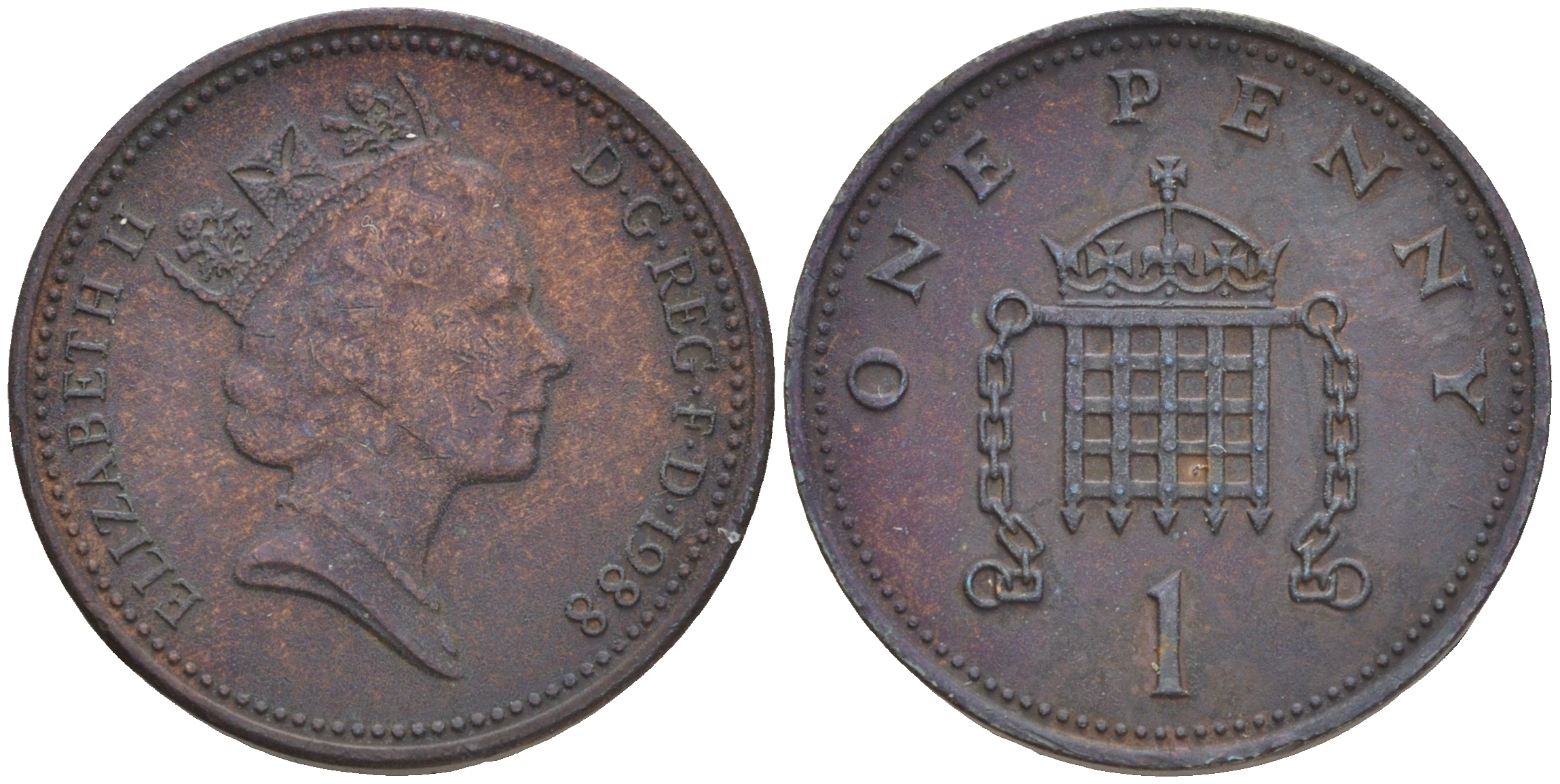 Великобритания 1 пенни 1988 Елизавета II (1952-2022) KM 935, Spink 4381 (B3) бронза 4561-551