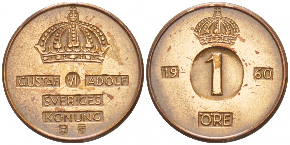 Швеция 1 эре 1960 TS, Густав VI Адольф (1950-1973) KM 820 бронза 4547-1047